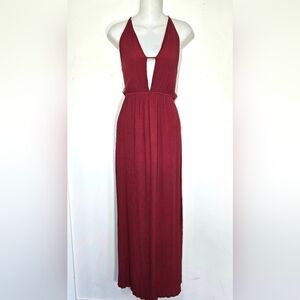 Red Low-Cut Halter Long Maxi Beach Dress